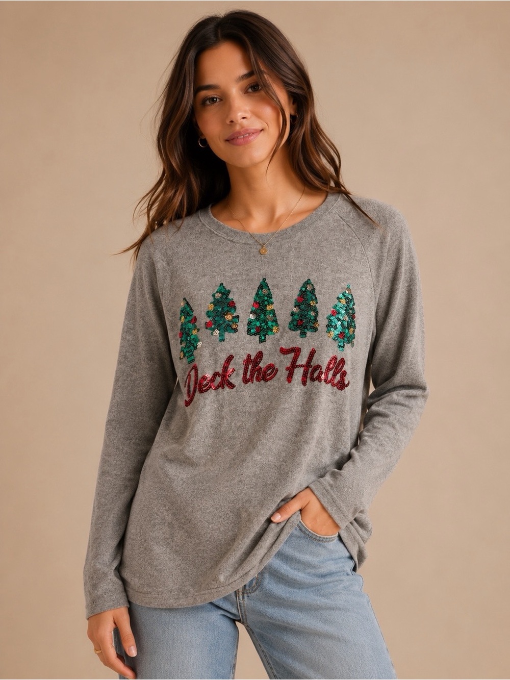 Merry Wear Deck the Halls Sequin Christmas Sweatshirt Women’s Large Gray